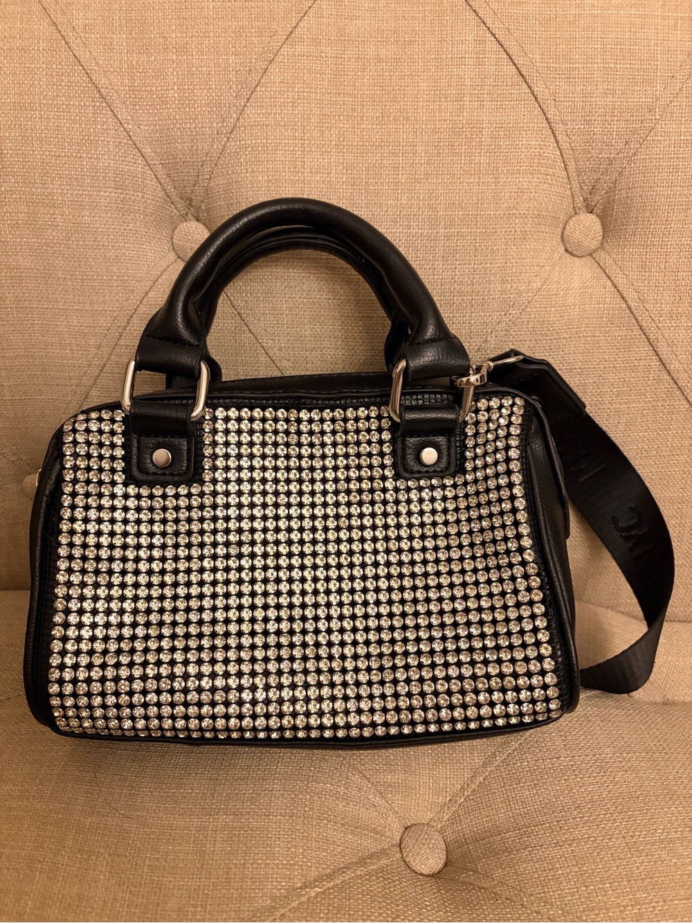 Black Rhinestone Crossbody Satchel with Detachable Strap